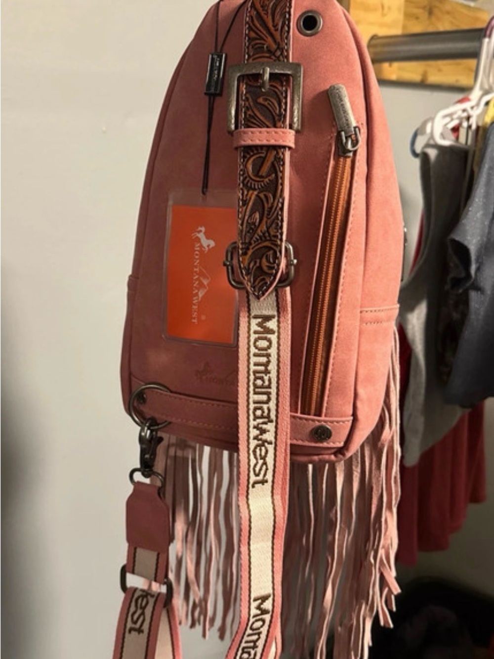 Montana West Pink Suede Fringe Crossbody with Tooled Brown Leather Pocket - Picture 4 of 5